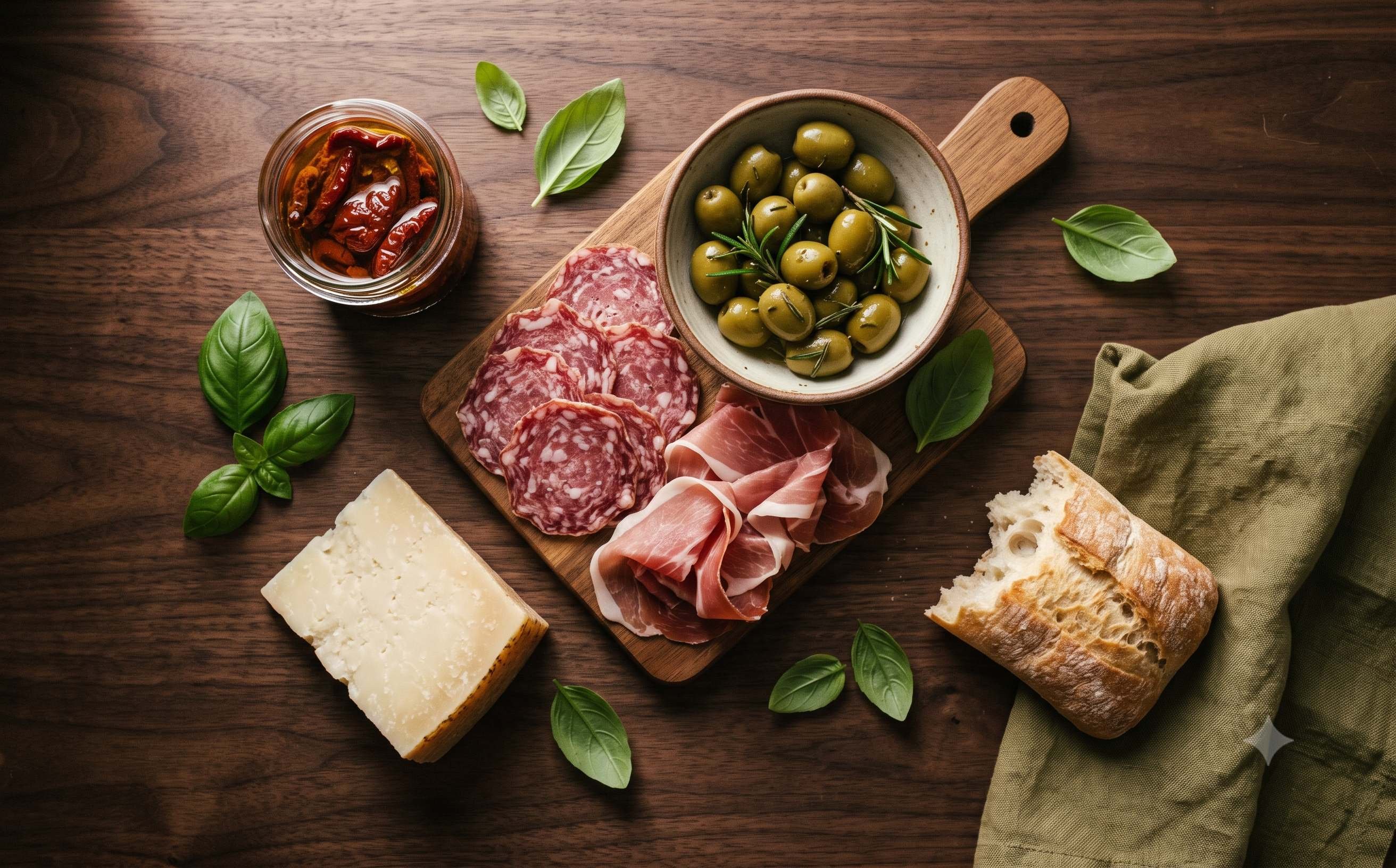 Käse, Wurst und Antipasti auf einem Holzbrett
